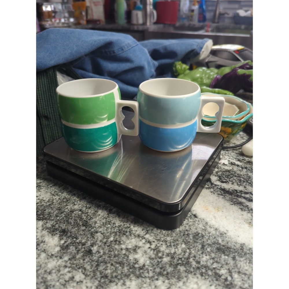 2 Vintage Block Chromatics Blue Green Geometric Modernist Coffee Cups Germany
